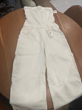 Free People White Wide-Leg Strapless Jeans Jumpsuit je suis pret